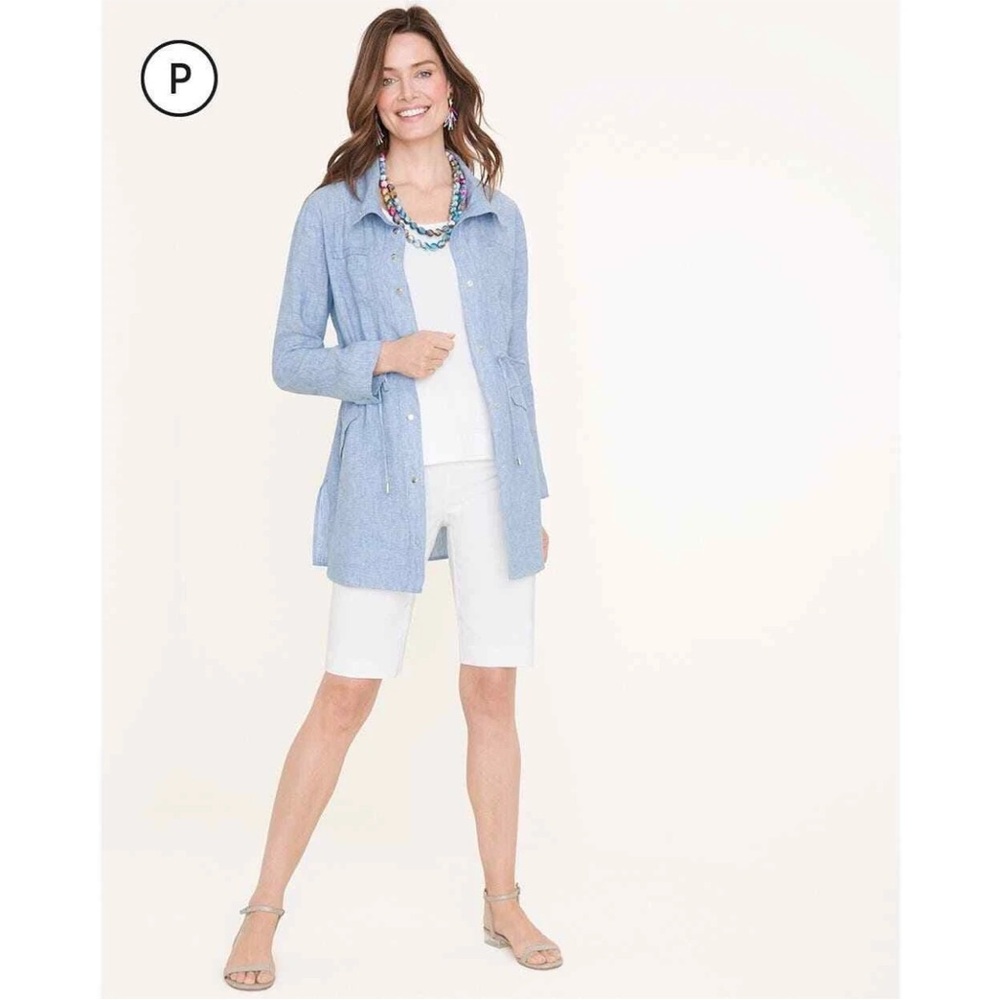 Chico's Cross Dye Blue Linen Drawstring Utility Jacket Indigo (their sz 3) 16 XL